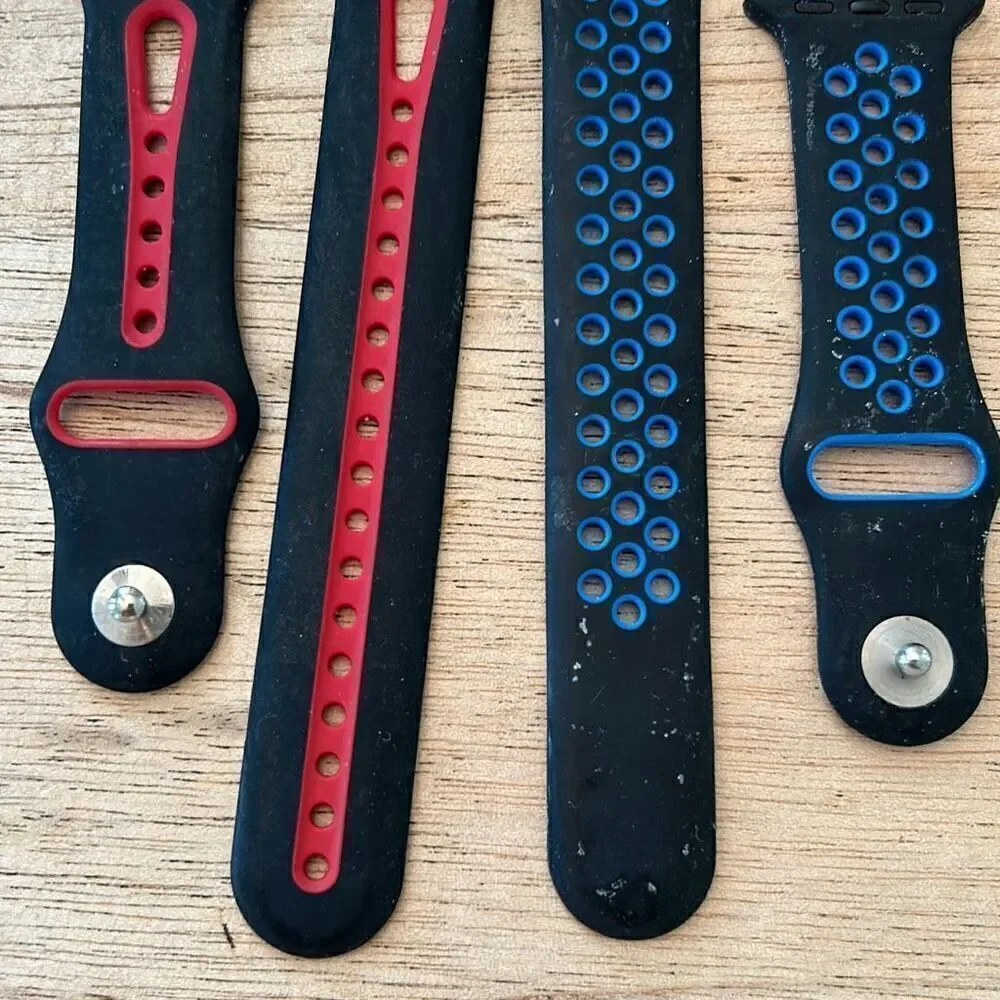 Apple watch funky bands lot of three. Silicone and leather black red blue